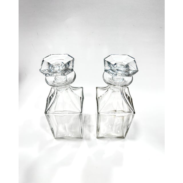 Transparent Vintage Cut Crystal Square Decanters With Octagonal Stoppers - a Pair For Sale - Image 8 of 9
