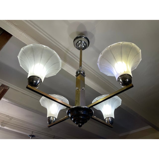 Ceiling Lamp with Tulip-Shaped Frosted Glass Bowls, 1930s For Sale - Image 4 of 15