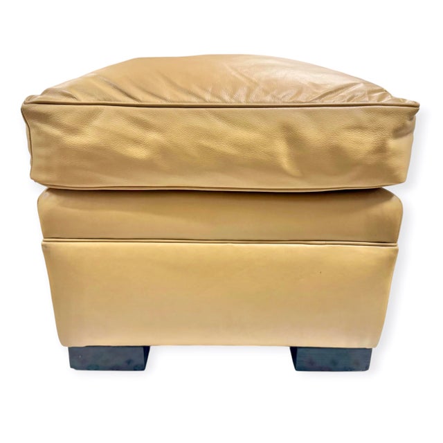 Custom Camel Leather Ottoman With Dark Wood Block Feet by Danny Cannon Custom Upholstery For Sale - Image 4 of 5