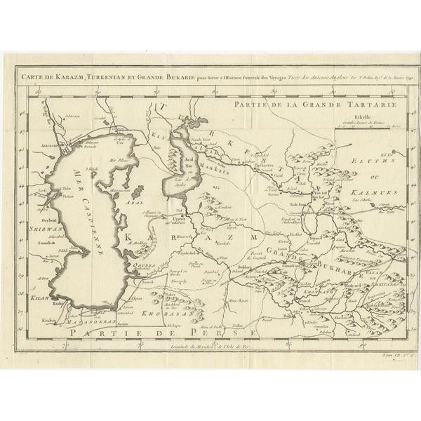Antique map titled 'Carte de Karazm, Turkestan et Grande Bukarie'. Engraved map centered on Turkestan. Extends to include...