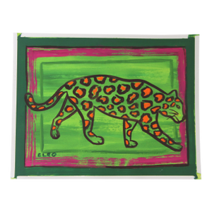 Leopard Minimalism Pop Art Folk Art Green Orange Raspberry Red Original Painting by Cleo Plowden