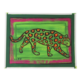 Leopard Minimalism Pop Art Folk Art Green Orange Raspberry Red Original Painting Cleo Plowden For Sale