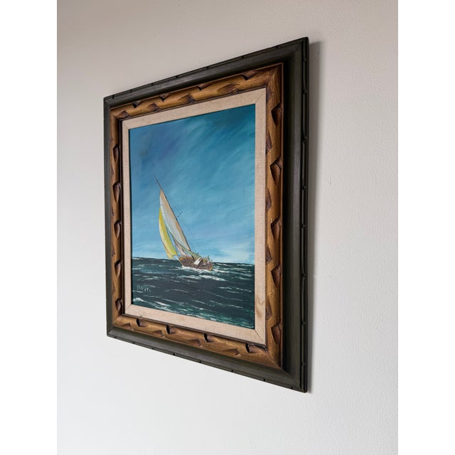 1980s Vintage Sailboat Seascape Oil Painting on Board – Framed For Sale - Image 5 of 15