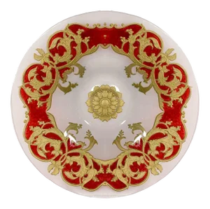 Mid-Century Opaque Glass Charger Dish Red Gold Wreath