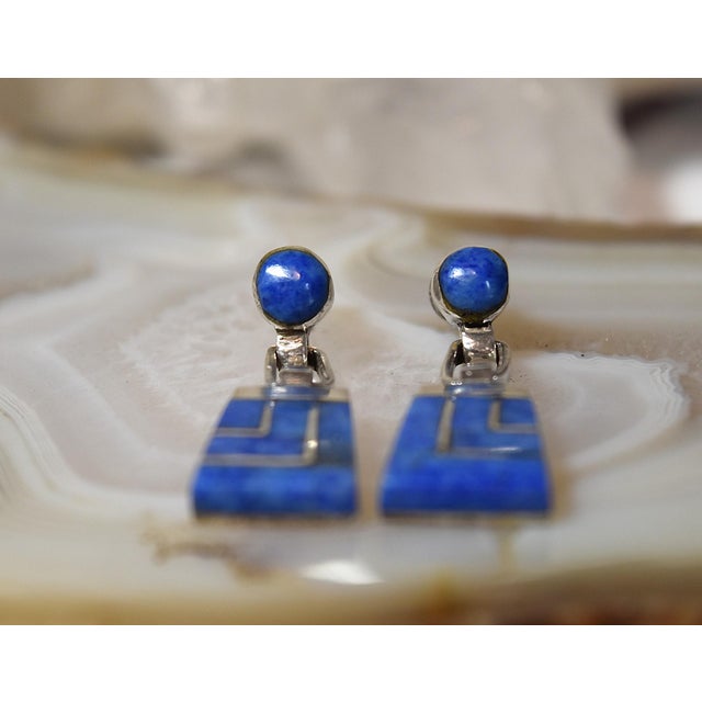 Metal Vintage Escorcia Sterling Silver Lapis Inlaid Dangle Post Earrings, A Pair For Sale - Image 7 of 17