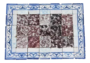 18th Century Tile Mural Panel, Aubergine Spongeware Surrounded by Blue & White Flowers - 35 Pieces