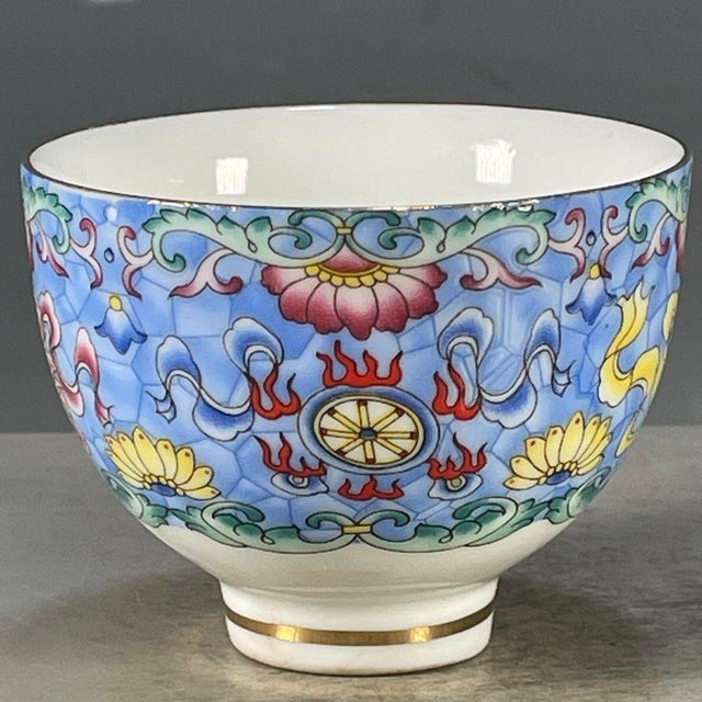 Chinese Vintage Famille Rose Porcelain Teacup – Floral & Buddhist Emblem Motif, Qianlong Mark For Sale - Image 3 of 9