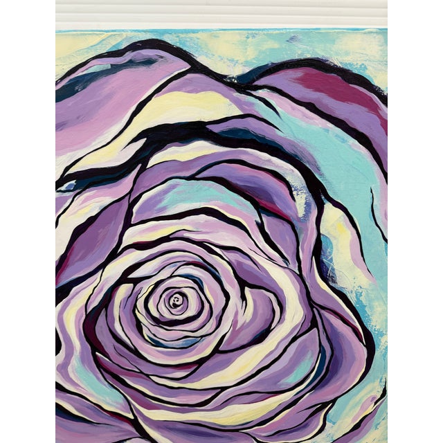 Lavender P. Black Signed Pop Art Stylized Teal + Lavender Rose Acrylic Painting For Sale - Image 8 of 12