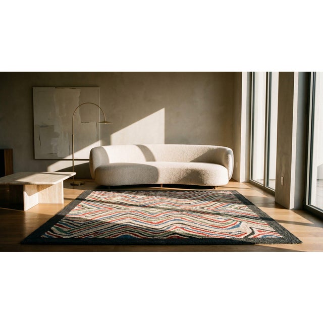 Attractive Multicolor Background and Black Border With Folk Art Style Antique American Hooked Rug For Sale - Image 9 of 9