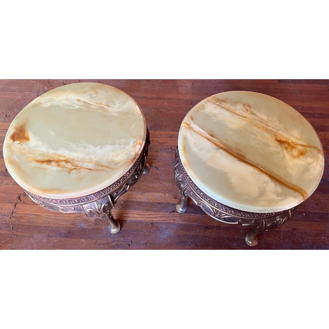Hollywood Regency Vintage Hollywood Regency Round Onyx-Top Side Tables (2) | Gilt Carved Base | Mid-Century For Sale - Image 3 of 10