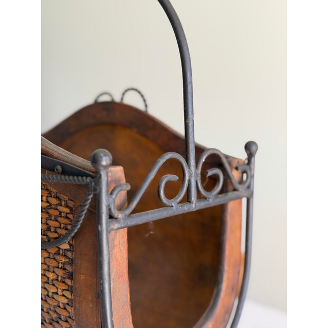 Vintage Wicker and Iron Storage Basket, Sculptural Magazine Rack With Tassel Detail, 18” H X 16” W For Sale In Los Angeles - Image 6 of 10