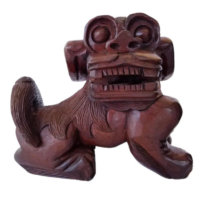 Figurative Vintage Chinese Foo Dog Asian Art Statue Decor Wooden Hand Carved Large - a Pair For Sale - Image 3 of 8