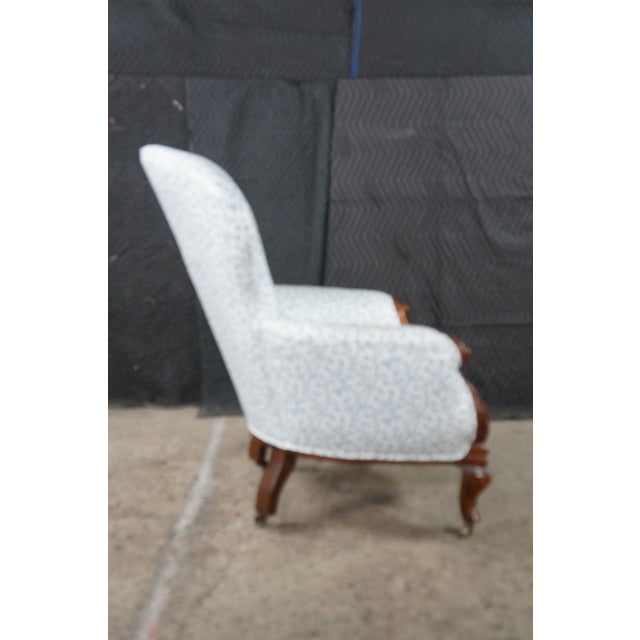 Antique Victorian Carved Walnut Spoon-Back Blue Floral Salon Armchair C. 1880s For Sale - Image 13 of 18