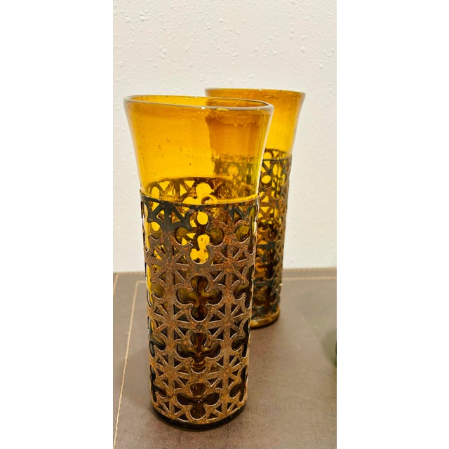 VTG Felipe Derflinger Handblown Amber & Green Brutalist Caged Tumblers, Set of 5 For Sale In Dallas - Image 6 of 10