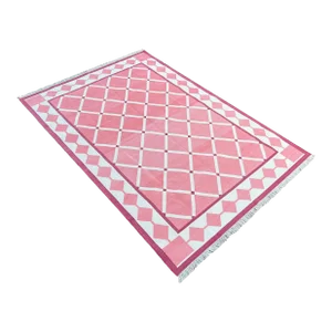 Handmade Cotton Natural Vegetable Dyed Reversible Pink and White Checked Tile Rug - 6'x9'