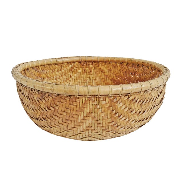 Tan Vintage Javanese Boho Bamboo Round Basket Large For Sale - Image 8 of 8