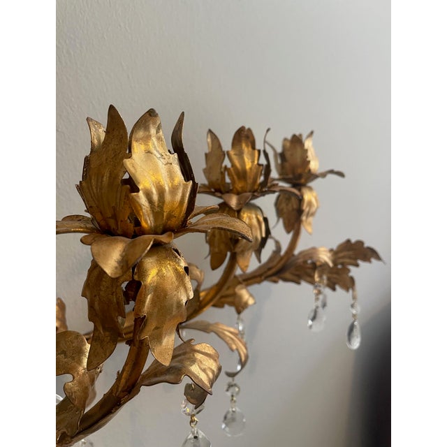 Large Mid 20th Century Italian Gilt Tole Candelabra Style Sconce With Crystals For Sale - Image 14 of 17