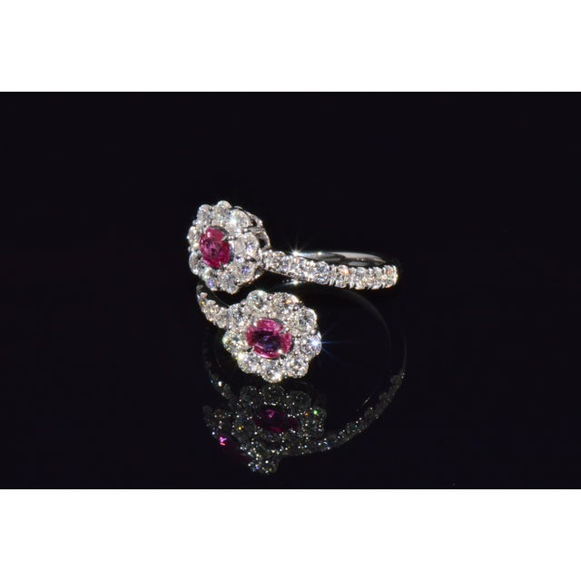Late 20th Century Certified Natural 2.08cts Ruby & Diamond Floral Bypass Halo Ring in Solid 18k White Gold, Size 5.5 For Sale - Image 5 of 12