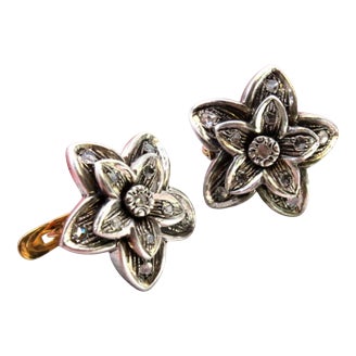 Gold and Silver Flower Shaped Earrings with Diamond Chips, Set of 2 For Sale