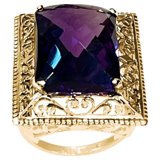 13.5 Carat Checker Board Amethyst Filigree Cocktail Ring in 14 Karat Yellow Gold For Sale - Image 15 of 18