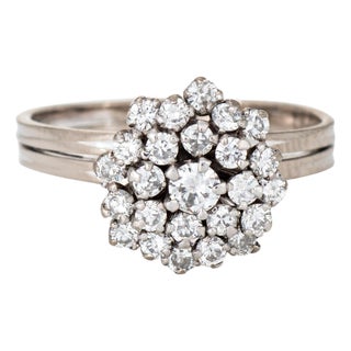 50s Portuguese Diamond Cluster Ring 14k White Gold Sz 6 Mid Century Fine Jewelry For Sale