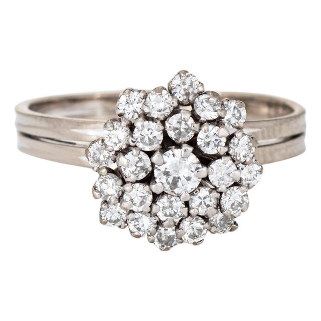 50s Portuguese Diamond Cluster Ring 14k White Gold Sz 6 Mid Century Fine Jewelry For Sale