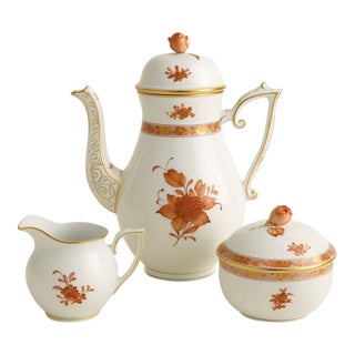 1990s Herend Chinese Bouquet Rust Coffee Set Apponyi Orange Aog Handpainted Coffee Pot Sugar & Creamer For Sale