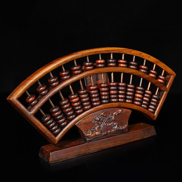 Chinese 1970s Handcrafted Rosewood Fan-Shaped Abacus - Chinese Wooden Calculator With Stand For Sale - Image 3 of 9