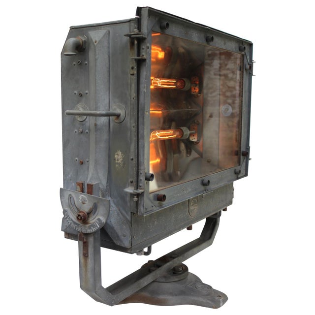 Adjustable industrial spot, floor lamp from french airport by philips, holland. blue / grey metal with clear glass cast...