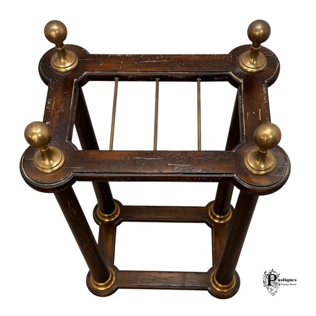 Wood Vintage Edwardian Style Distressed Wood & Brass Umbrella Stand For Sale - Image 7 of 9