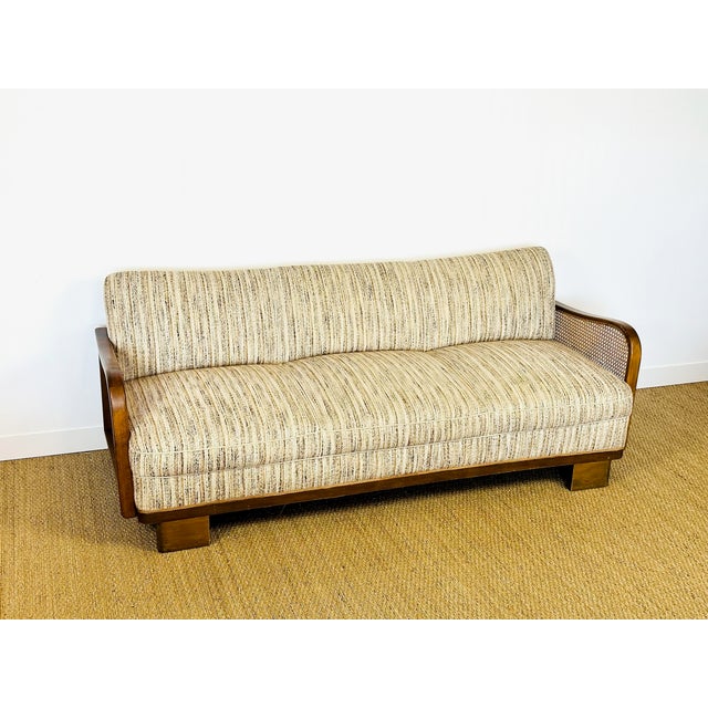 Art Deco Living Room Set in Curved Wood with Tweed and Cane, 1950s, Set of 3 For Sale - Image 6 of 18