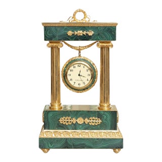 Mid 20th Century Empire Style Malachite and Gilt Bronze Portico Clock For Sale