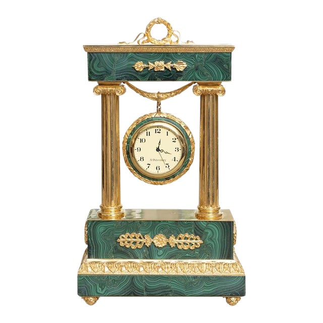 Mid 20th Century Empire Style Malachite and Gilt Bronze Portico Clock For Sale