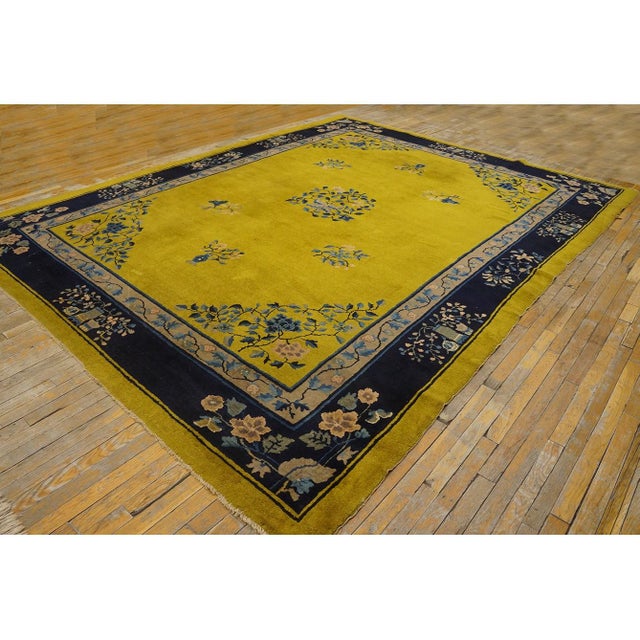 Art Deco 1920s Antique Gold Background Floral Art Deco Knotted Wool Chinese Peking Rug For Sale - Image 3 of 12