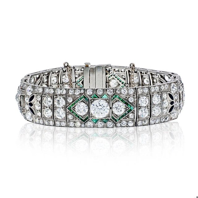 Legendary bracelet of French Art Deco origins. This bracelet mounts over 15 carats in Old Euro cut diamonds with 12...