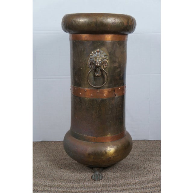 Early 20th Century Early 20th Century Arts & Crafts Brass Copper Lion Head Claw Foot Umbrella Cane Stand For Sale - Image 5 of 12