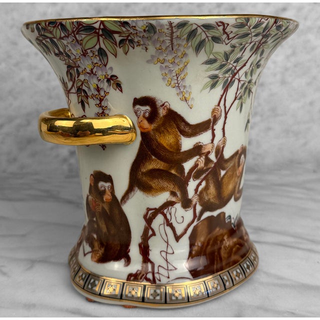Chinoiserie Vintage Chinese Chinoiserie Monkey Porcelain Planter Pot For Sale - Image 3 of 11