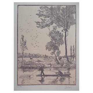 Georges Le Meilleur, Fishing: The Stroke of the Hawk, 1926, Original Woodcut For Sale
