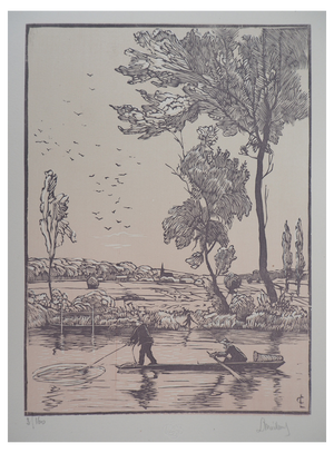 Georges Le Meilleur, Fishing: The Stroke of the Hawk, 1926, Original Woodcut