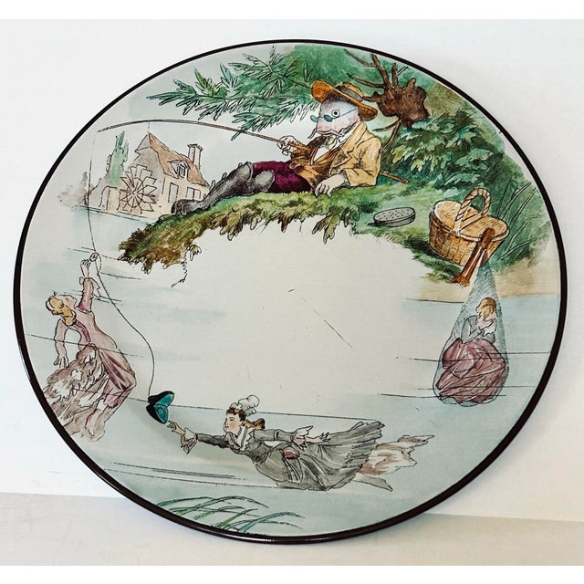 Six tole plates titled "Le Monde Renversé" (The REVERSE WORLD) by Au Bain Marie, Paris, featuring illustrations inspired...