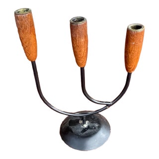 Mid 20th Century Denmark Teak & Black Metal Candleabra For Sale