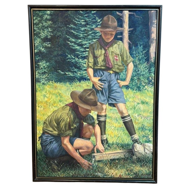 Large Signed Oil on Canvas Painting by Alfred Waagner, Two Scouts in an Alpine Meadow, Early 20th Century. For Sale - Image 11 of 11