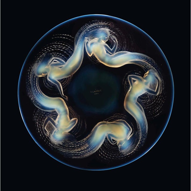 Opalescent glass decorated with 5 mythical female figures (sea nymph) in various poses on the slightly raised part of the...