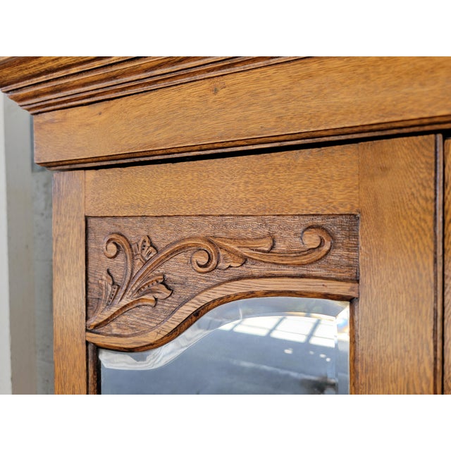 Antique Armoire / Wardrobe English Oak With Beveled Mirror Doors For Sale - Image 11 of 18