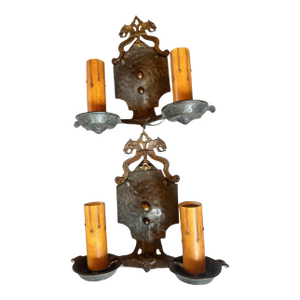 Pair Cast Iron and Brass Double Arm Wall Sconces With Gargoyles, Circa 1920