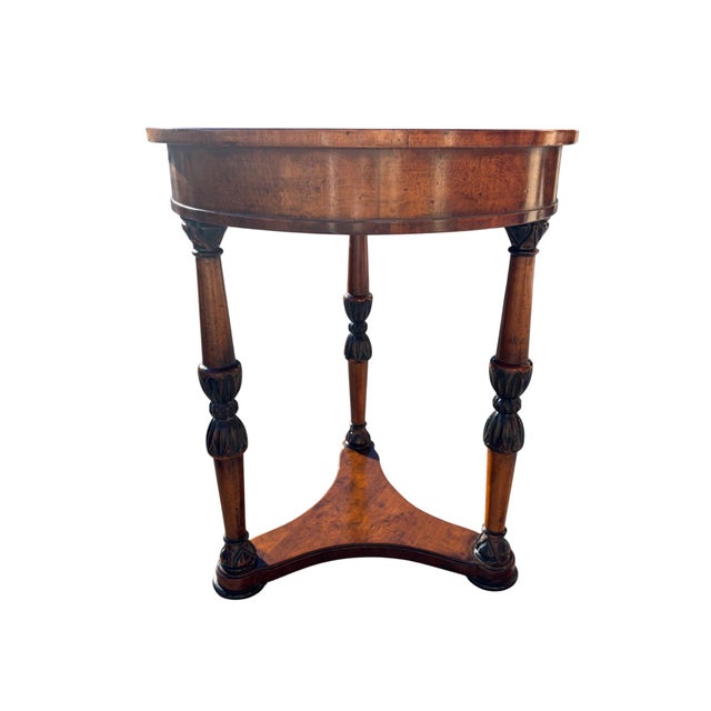 Traditional Regency Revival Mahogany Inlaid Side Table With Drawer & Triangular Base For Sale - Image 3 of 8