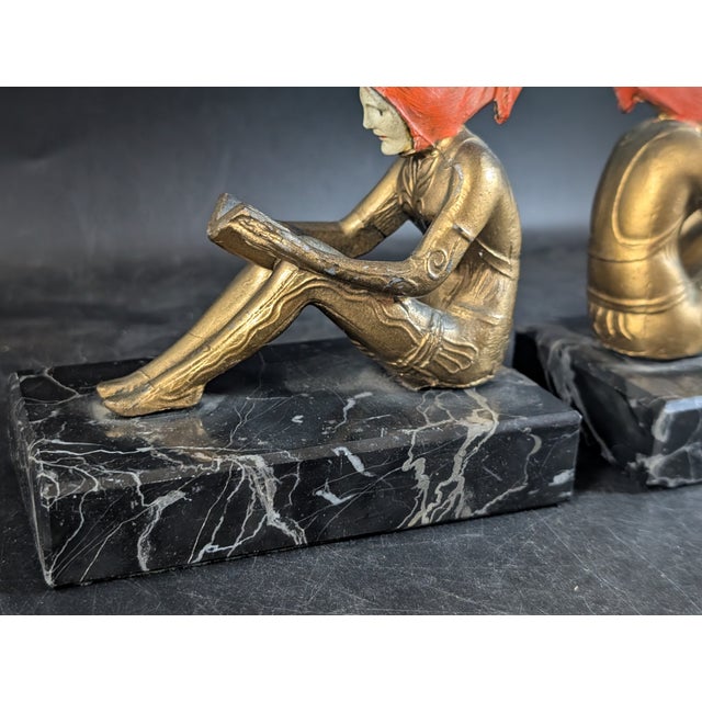 Art Nouveau 1920's Art Deco Hirsch Pixie Girl Bookend Pair Painted Bronze on Marble For Sale - Image 3 of 10