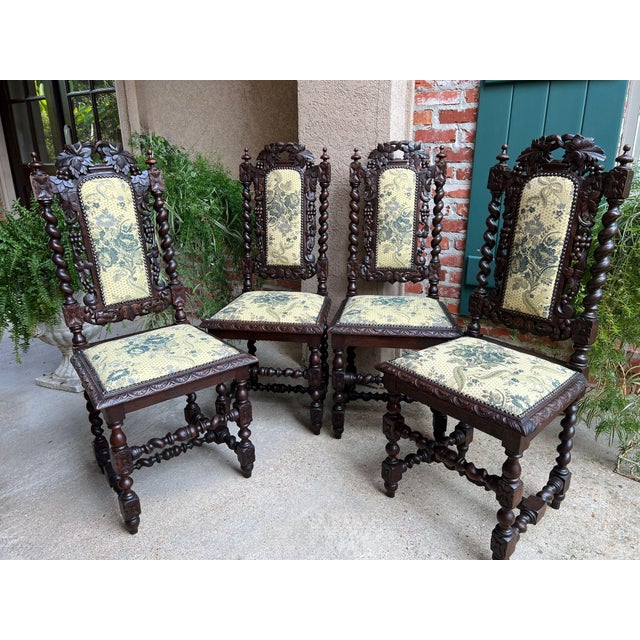 Set 4 Antique French Dining Chair Barley Twist Renaissance Carved Oak Green 1900. Direct from France, a beautiful set of 4...