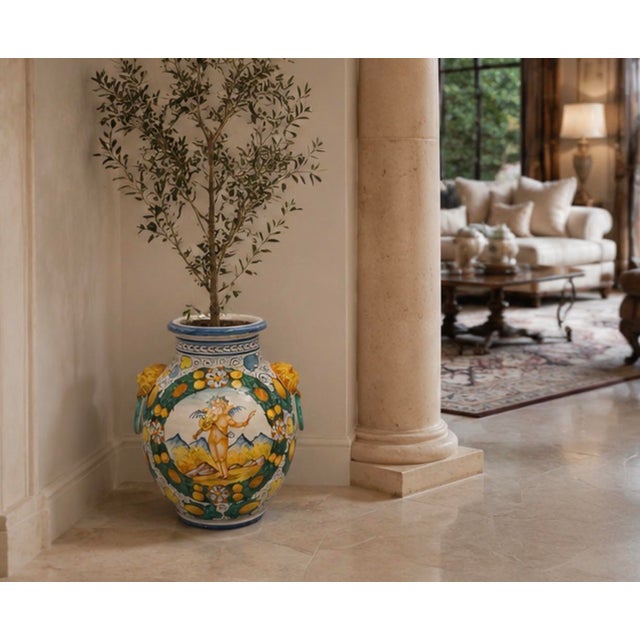 White Vintage Italian Majolica Style Large Ceramic Urn Vase With Putto and Lion Head Handles For Sale - Image 8 of 11