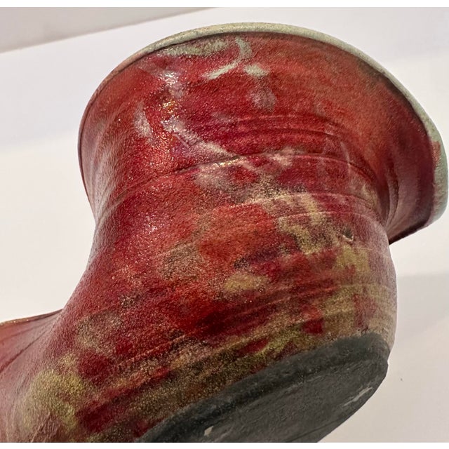 Red Signed Raku Ceramic Flower Arrangement Bowl With Frog-Style Center For Sale - Image 8 of 11